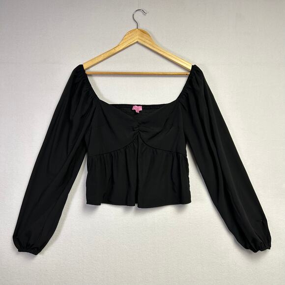 Feminine Romantic Modern Black Long Sleeve Puffed Sleeve Crop Top - Picture 1 of 11